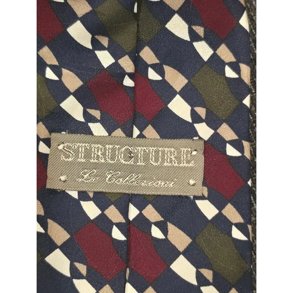 Vintage Structure LeCollezioni Silk Tie 90s Geometric Checkerboard Navy Burgundy